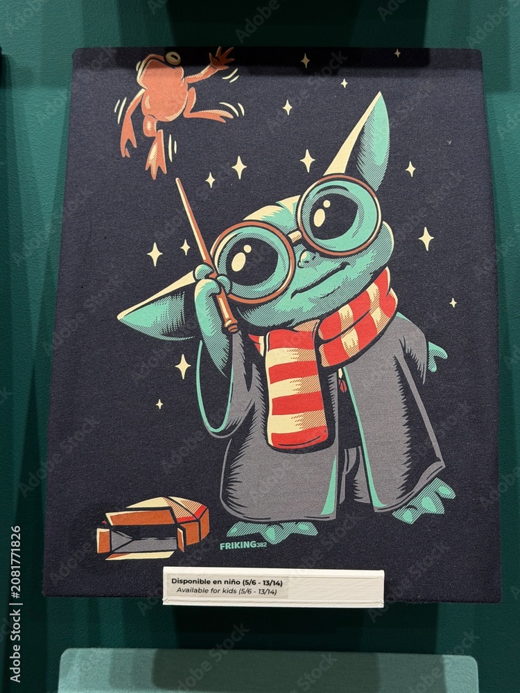 Fototapeta premium Mallorca, spain, june 27, 2026, grogu wizard casting spell on frog, wearing striped scarf and round glasses, fantasy crossover illustration
