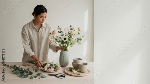 Florist arranging a flower bouquet as a visual concept for floral business marketing, small business branding, creative workspace and interior decor ads.