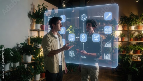 Business partners interacting with a holographic interface for data analysis, corporate project planning, digital strategy and software solutions.