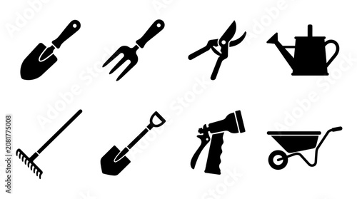 Essential gardening tools collection silhouette, featuring shovel, rake, trowel, watering can, and wheelbarrow, perfect for horticulture projects and garden care design elements
