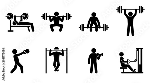 Dynamic Vector Icon Set of Stick Figures Demonstrating Various Gym Workouts and Weightlifting Exercises for Fitness and Strength Training