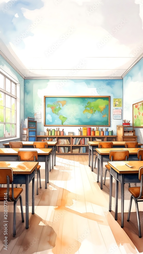 Fototapeta premium empty classroom with desks and map.