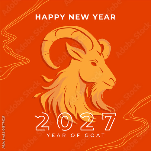 Chinese New Year 2027 celebration banner. Features a golden zodiac sign head illustration for Year of the Goat, traditional hanging lanterns, and typography on a vibrant red background. New Year