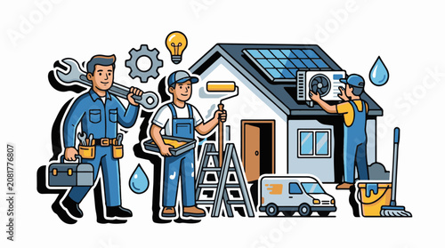 Skilled workers install solar panels AC and paint a house