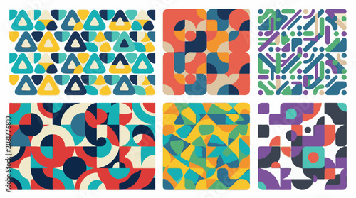 Six diverse geometric patterns in vibrant retro colors