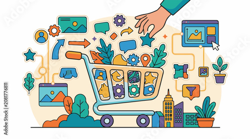 Shopping cart filled with digital icons and user interface elements
