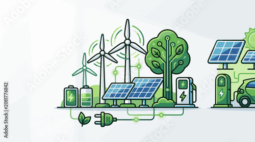 Stylized illustration of clean energy sources and electric transportation