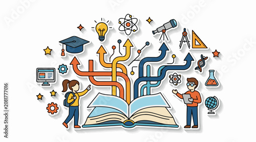 Open book with pathways of knowledge and education icons