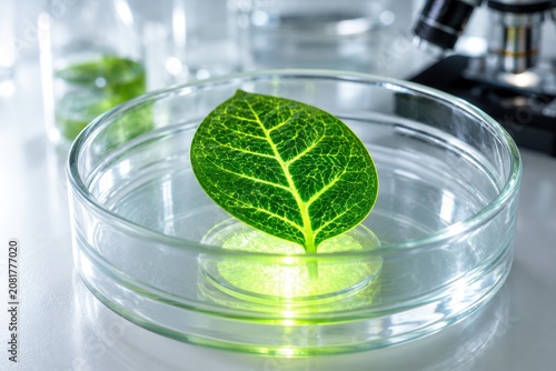 Macro view of a glowing neon green plant leaf with synthetic veins inside a glass petri dish illuminated from below in a bright biotechnology laboratory.