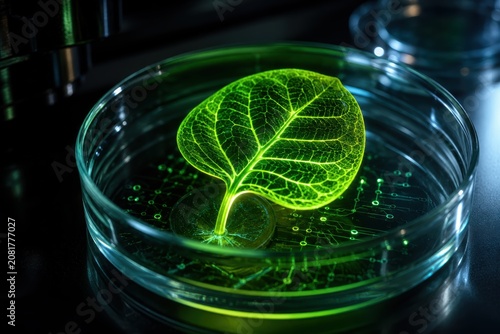 Macro view of a glowing neon green plant leaf with synthetic veins inside a glass petri dish illuminated from below in a dark biotechnology laboratory.