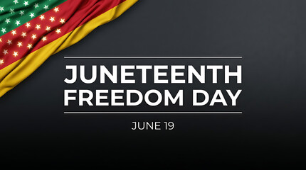 Juneteenth freedom day banner with a waving red yellow and green fabric flag against a dark black textured background