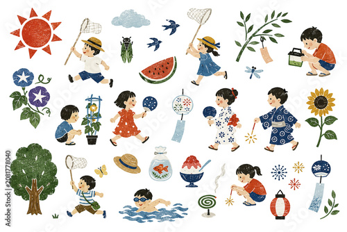 夏休みを楽しむ子供たちのこっくりした手書き風イラストセット