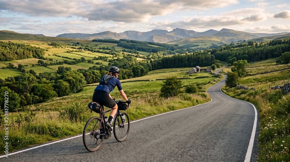 Fototapeta premium Cyclist rides on winding road through green rolling hills and mountains at sunset