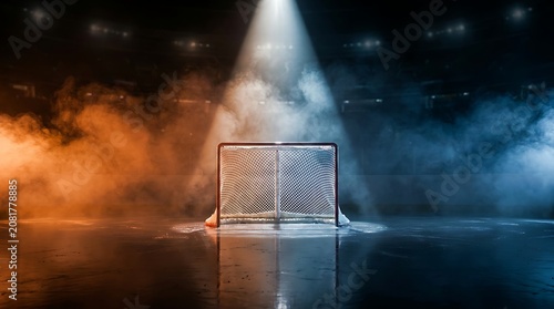 Hockey goal net illuminated by stadium lights with orange and blue smoke in a dramatic atmosphere