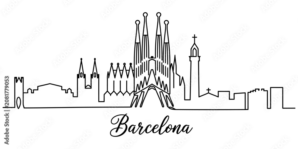 Obraz premium Barcelona city skyline silhouette drawing with continuous single line art style featuring famous sagrada familia architecture and urban building landmarks Vector, illustration