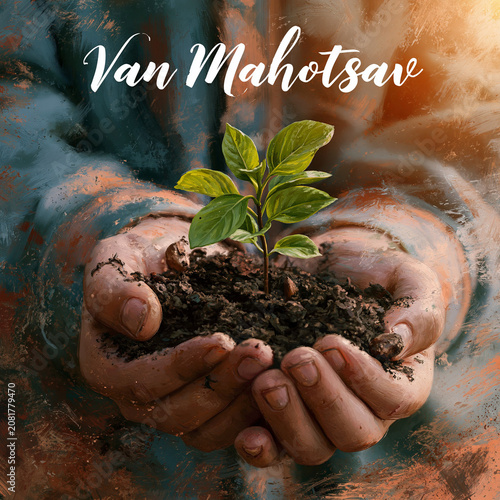 Van Mahotsav tree planting festival concept. Artistic gouache painting of hands holding dark soil with a young green sapling. Nature conservation and environmental protection illustration,