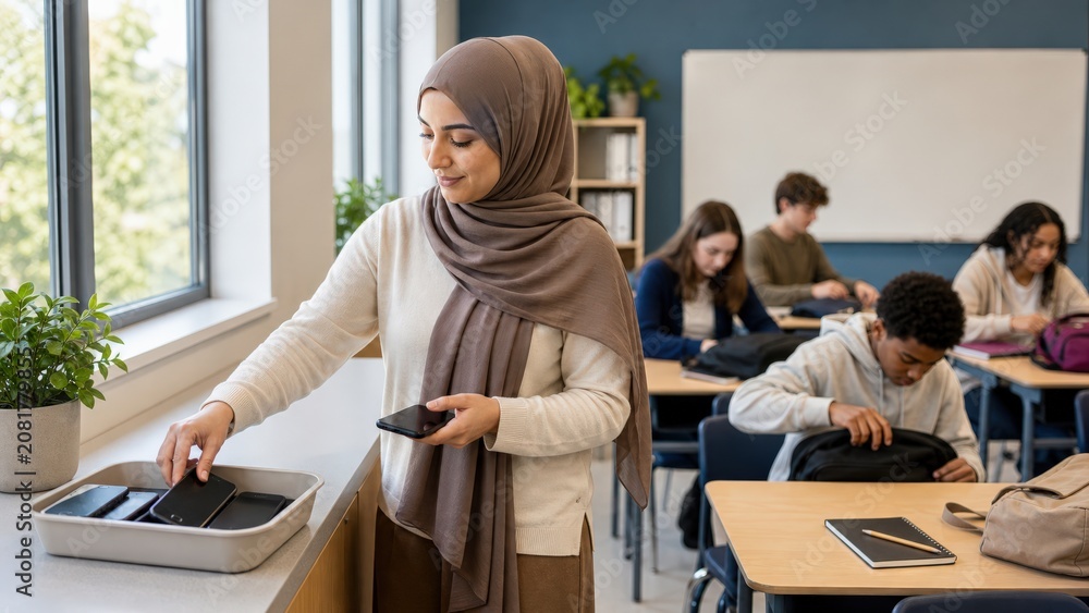 Obraz premium School Phone Ban Arab young woman inside classroom