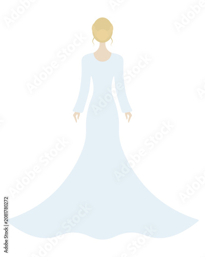 A bride in a long blue dress. View from the back. A young blonde woman with a bun and two loose curls on the sides. Color vector illustration. Isolated on white background. Flat style.