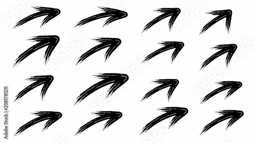A collection of sixteen black arrows with a dry brush stroke texture, pointing upwards and to the right, isolated on a white background