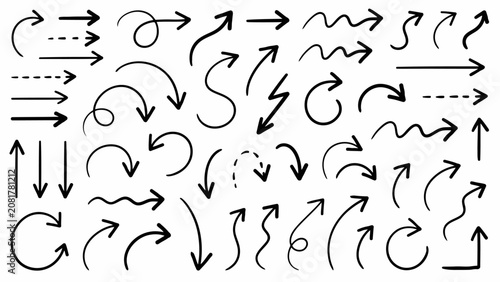 Large variety of hand-drawn black arrows with different shapes, curves, and directions, isolated on a plain white background, for projects