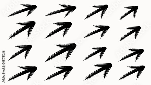 Sixteen black arrows featuring a dry brush stroke texture, all pointing towards the upper right corner, isolated on a white background surface