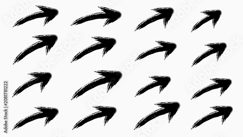 Set of sixteen black hand-drawn ink brush stroke curved arrows pointing upwards on a plain white background, for web navigation