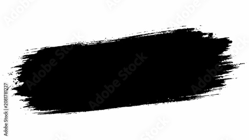 A thick horizontal black paint brush stroke with rough textured edges isolated on a white background, for and composition use