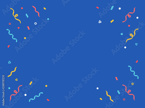 Festive blue background, featuring colorful confetti, and wavy streamers, arranged as a, border for celebrations, and party invitations
