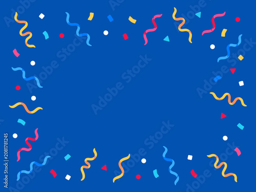 Festive blue background, with a border, of colorful confetti, and wavy streamers, for party invitations, and celebration projects