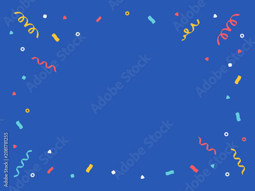 Blue background, with a border, of colorful confetti, and wavy streamers, for festive celebrations, and party themed projects