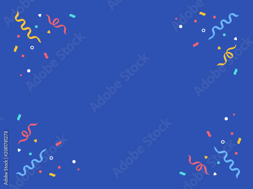 Festive blue background, with a border, of colorful confetti, and wavy streamers, for party invitations, and celebration projects