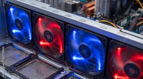 Close-up of computer cooling fans with red and blue lights