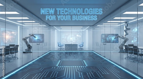 Futuristic office interior with robotic arms and neon lights