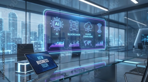 Futuristic office interior with neon lit digital display and cityscape view