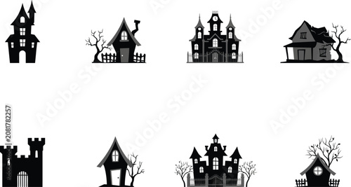 Collection of spooky haunted house silhouette graphics for halloween