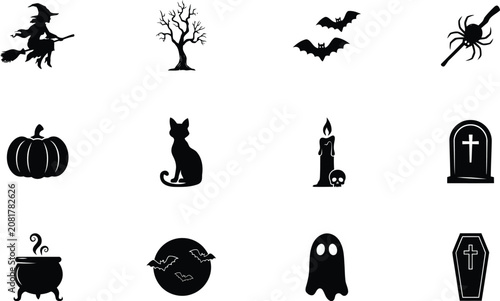 Halloween silhouette icons set including witch pumpkin and spooky tree silhouette