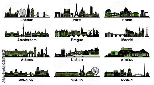 Canvas Print European City Skylines Silhouette Collection: London, Paris, Rome, Amsterdam, Pr