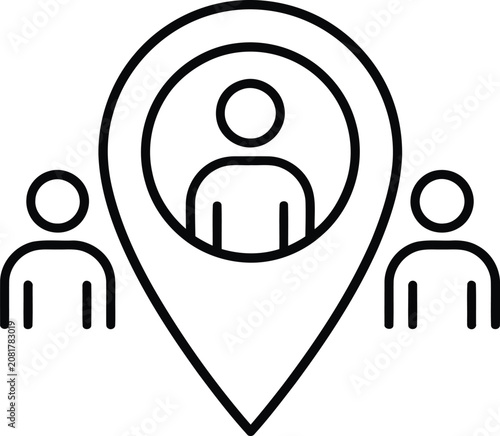Vector icon of a person inside a location pin marker surrounded by other people, representing team location, meeting point, or local community