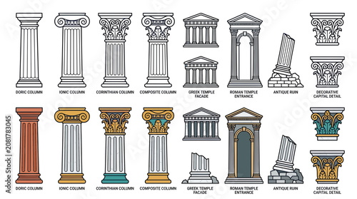 Photos Ancient Greek and Roman Columns, Temples, and Ruins Vector Set