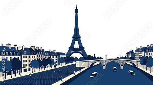 Bild auf Leinwand Eiffel Tower Paris cityscape illustration, Seine river, bridge, boats, trees, bu