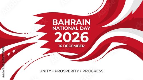 Abstract red and white wave illustration for Bahrain National Day 2026 celebration banner on December 16th with unity and prosperity themes