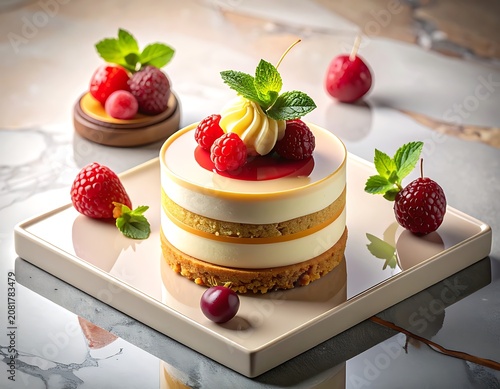 Exquisite layered dessert with fruit garnish