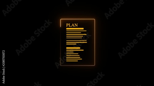 Neon glowing business plan document animation, digital strategy concept, minimalist yellow outline for corporate checklist task goal, objective vision mission abstract isolated black background.