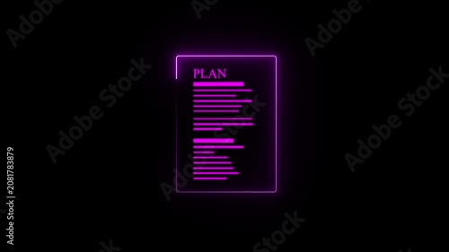 Neon glowing business plan document animation, digital strategy concept, minimalist purple outline for corporate checklist task goal, objective vision mission abstract isolated black background.