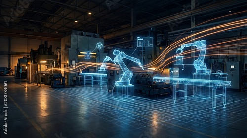 Futuristic factory automation with glowing digital wireframe robotic arms on production line, advanced manufacturing technology, industrial innovation, smart factory concept.