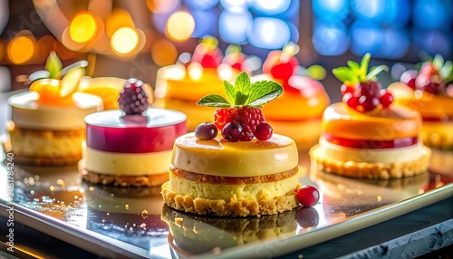 Exquisite mini desserts with berry and mint garnishes
