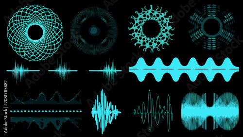 Принти на полотні Collection of teal audio waveform variations and circular sound visualizations o