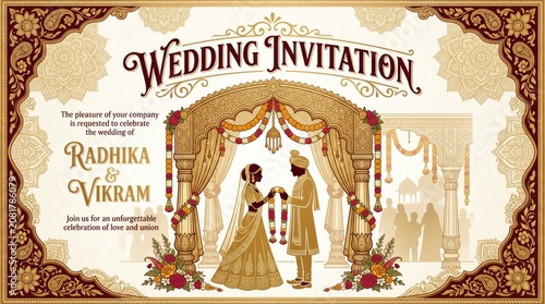 Traditional Indian wedding invitation card, ornate gold and maroon bridal ceremony card, elegant ethnic marriage announcement with paisley border