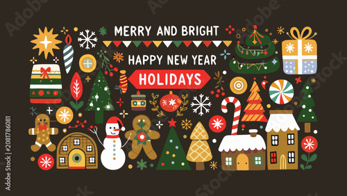 Billede på lærred Festive holiday elements illustration with christmas trees gingerbread men and p