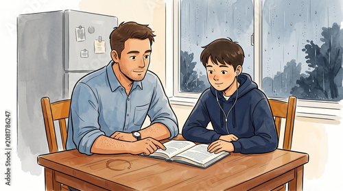 Father and teenage son doing homework together at kitchen table